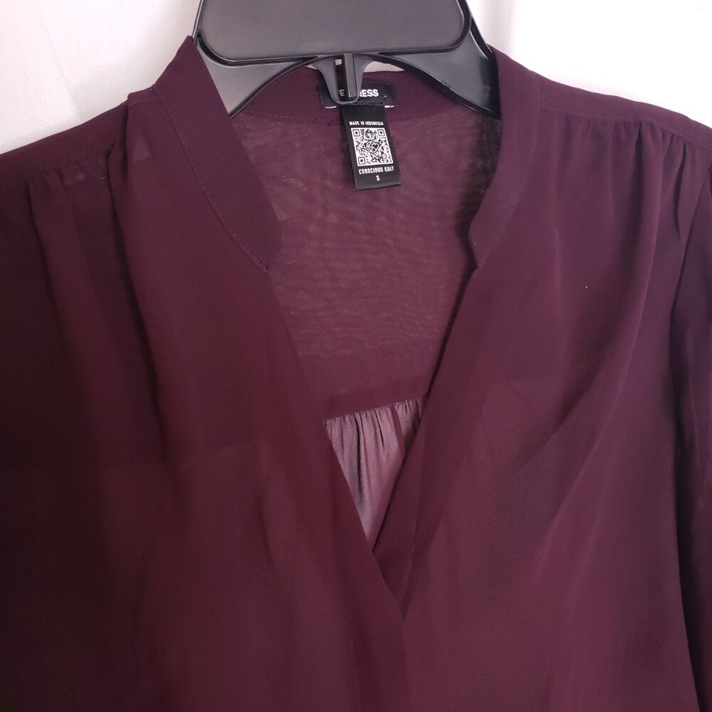 Express Women Purple Button V Neck Long Sleeve Sheer Lightweight Blouse Size S - Picture 4 of 15